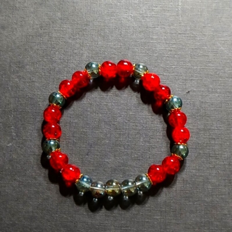 Red, gray, and gold glass bead bracelet